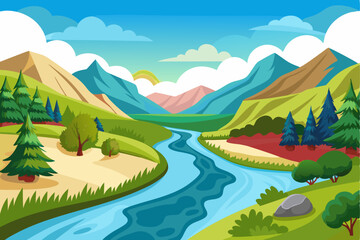 Naklejka premium Serene River Winding Through Mountain Valley Landscape
