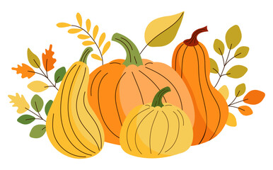 Autumn still life composition of pumpkins and autumn leaves. Vector flat illustration. Thanksgiving and autumn season template for greeting cards, invitations, prints, scrapbooking, stickers, clip art