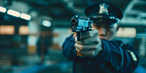 Asian policeman practicing shooting at shooting range.. asian man