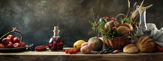 Rustic harvest display with bread, fruits, and vegetables
