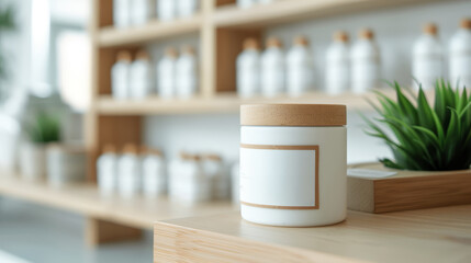 Elegant candle jar on a wooden shelf, surrounded by greenery and minimalist decor, perfect for home and lifestyle photography.