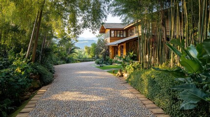 Cobblestone path leading to a wooden house in a lush tropical garden.