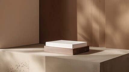 Minimalist composition featuring a white box on a beige pedestal, showcasing simplicity and elegance in interior design.