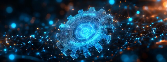 Obraz premium Digital 3d gear icon with binary code, artificial intelligence in system setting optimization, automation workflows, software customization options, and personalized user interfaces design 