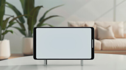 Fototapeta premium Modern digital tablet displayed in a stylish living room setting, ideal for showcasing apps and entertainment.