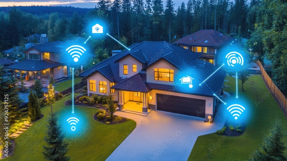 Poster Aerial view of a modern home at night with smart home icons overlayed.