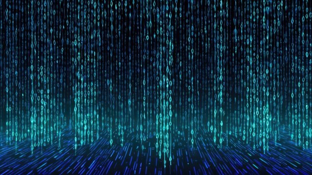 Streams of glowing blue digital code rain down in a vertical pattern, creating a mesmerizing, futuristic scene reminiscent of a cybernetic world