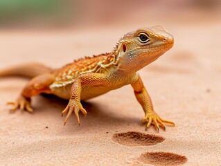 Naklejka premium Lizard running across sand, footprints trailing behind, dynamic motion captured mid-stride, Lizard, desert survival