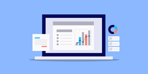 Analytics data monitoring on dashboard screen, business finance report market trend graph, chart diagram strategic decision-making conceptual vector illustration.