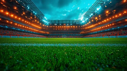 A large empty stadium with fans shouting enthusiastically before the match. Brightly lit lawn ready for the game.