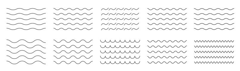 Wave line set. Vector water waves. Set of wavy zigzag lines.