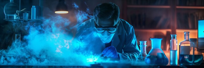 Obraz premium A scientist in a lab coat conducts an experiment creating intense smoke effects, featuring a vibrant blue glow in a high-tech lab environment.