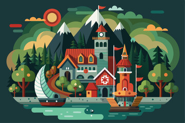 Picturesque Village nestled in a Mountainous Landscape with a Sailboat on a River