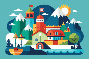 Colorful Illustration of a Town Situated Among Mountains, a Lake, and a Sunny Sky