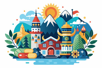 A Colorful Illustration of a Fantasy Village with Mountains and a River