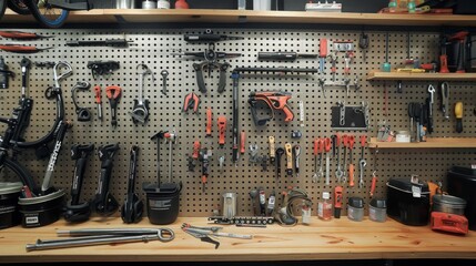 A mechanic's workbench with tools hanging on pegs, storage shelves, labelled jars and organised furnishings all create a professional workspace.
