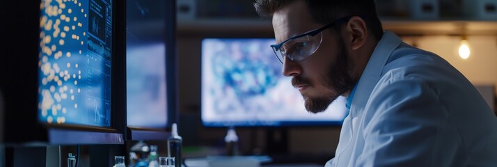 A scientist is intensely examining complex data sets on dual monitors, focusing on intricate scientific research and analysis in a lab setting.