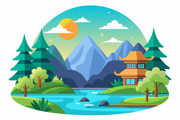 Serene Mountain Landscape with Pagoda and Winding River