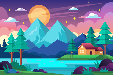 A Cabin Nestled in a Mountainous Landscape with a River and a Full Moon