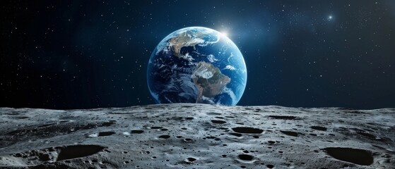 Image of Earth from the moon: southern hemisphere highlighted, bright blue oceans. Dark starry sky surrounds with notable stars; moon's barren surface in foreground with craters.