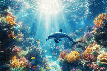 Obraz premium Dolphin's Coral Reef Serenade - generative AI