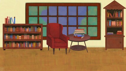 interior of a room illustration with many books and warm vibe