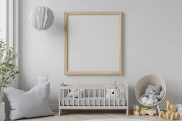 Minimalist Nursery Interior with Crib, Toys, and Blank Canvas.
