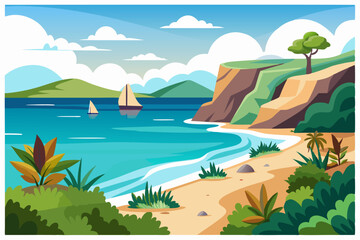 Sailboats on a Coastal Landscape with a Sandy Beach and Lush Vegetation