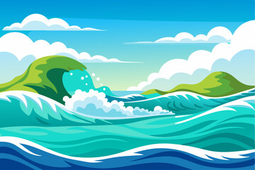 A Cartoon Ocean Scene with Blue Waves and Green Islands