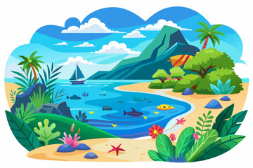 Tropical Beach Scene with Sailboat and Mountain