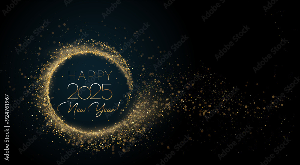 Poster 2025 Happy New Year Abstract shiny Gold glitter circle frame with Bokeh design element