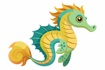 Cartoon Illustration of a Yellow and Green Seahorse