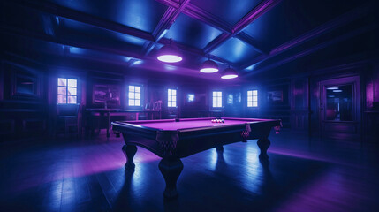 Billiard table in neon light lamps. Gambling sports games for recreation.