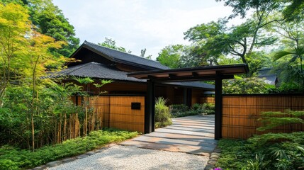 A stone pathway leads to a traditional Japanese house with a bamboo fence and lush greenery.