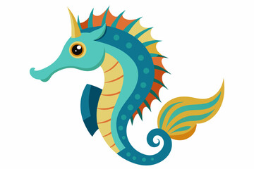 Cartoon Illustration of a Blue and Yellow Seahorse with a Golden Horn
