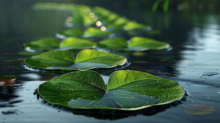 Tranquil water scene featuring lush lily pads floating gracefully on the surface, surrounded by a serene natural environment.