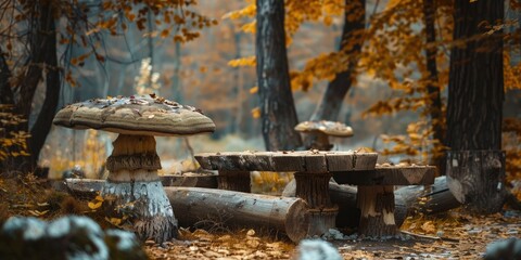 Rustic mushroom bench and table set for outdoor relaxation and picnics Handcrafted from weathered old stumps and logs featuring a textured autumnal vibe in the forest