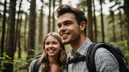 Fototapeta premium Young couple hiking in forest