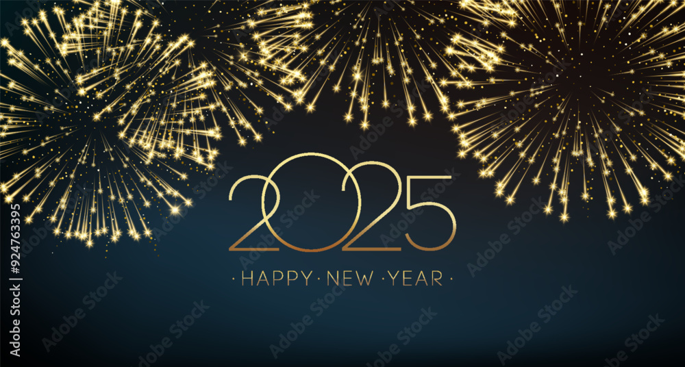 Poster 2025 happy new year abstract shiny fireworks gold glitter bokeh design element