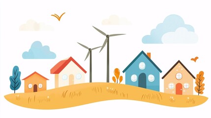  Illustration of eco-friendly homes with wind turbines, symbolizing sustainable living and renewable energy