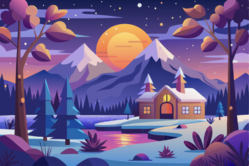 Naklejka premium A Cozy Cabin Nestled Amidst Snow-Capped Mountains Under a Starry Night Sky