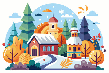 A Snowy Village Scene with Two Buildings, Trees, and a Winding Path