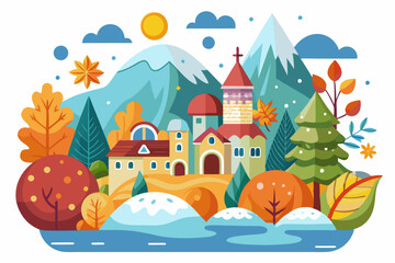 Fototapeta premium Colorful Autumnal Landscape with a Church and Mountains