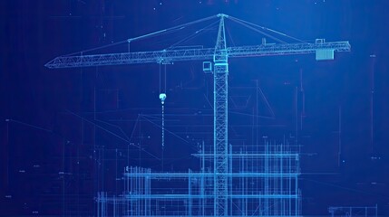 Minimalist flat design blueprint with construction crane and hard hat vibrant blue tones sleek engineering visuals