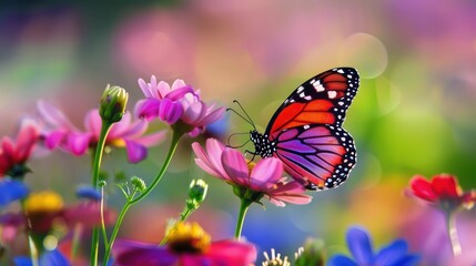 Obraz premium Closeup butterfly sucking nectar from beautiful color flowers