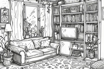 Fototapeta premium Cozy Studio Apartment Transformation Illustrated with Detailed Line Art.