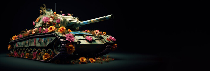 The concept of a world without war. Old vintage heavy military equipment in colored colors, background dark isolate.