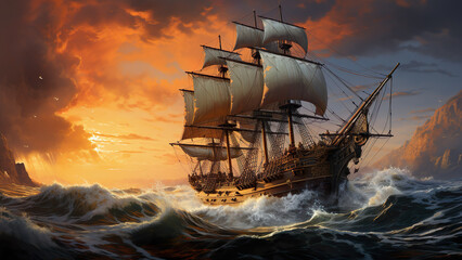 Wooden Ship - ship, ocean, sunset, sailing, waves, storm, vessel, sea, adventure, nautical, maritime, horizon, clouds, sky, mast, sails, water, evening, dramatic