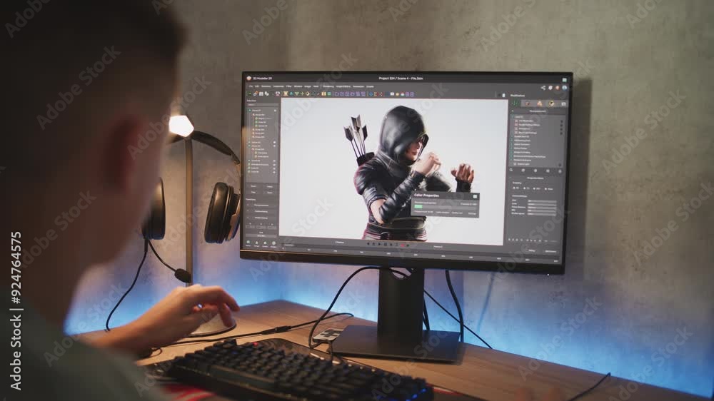Poster Caucasian teenager rendering model of game character on PC. Interface of professional 3D modeling program. Young 3D designer working on freelance project on computer at home. Game development concept.