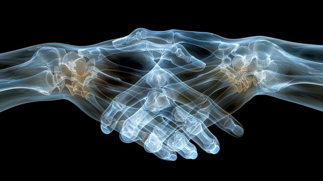 Surreal X-ray Image of Couple's Interlocking Fingers Symbolizing Unity.